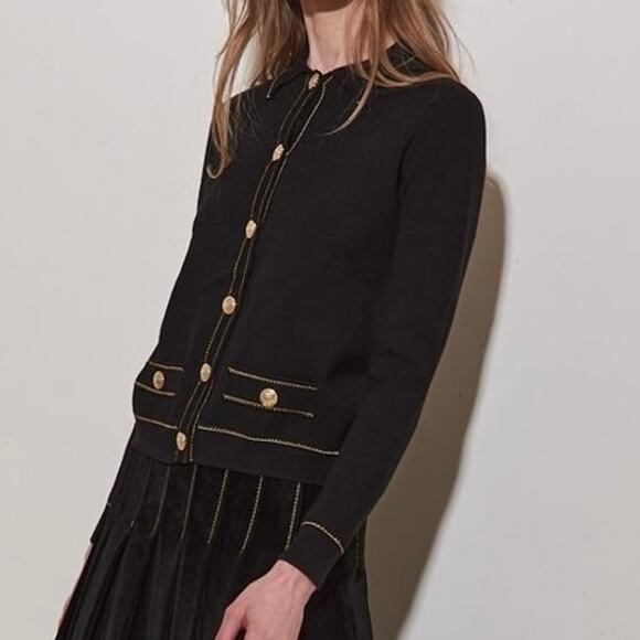Roch Perel Sweaters - Roch Perel Collared Cardigan XS Black Gold Stitching Button Chic Sophisticated